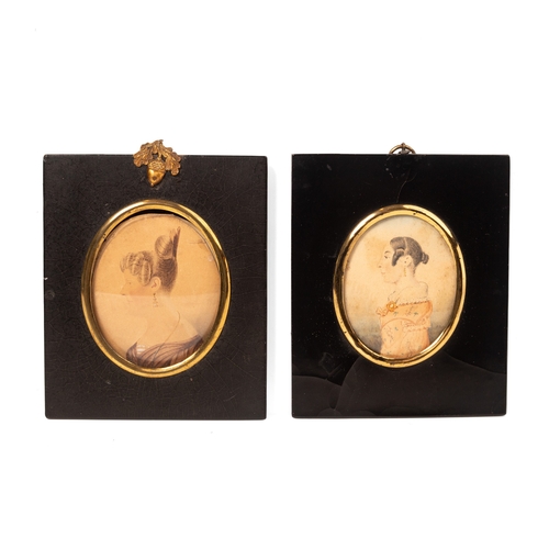 13 - A pair of mid 19th century portrait miniatures on paper of two ladies of fashion, each 8 by 6.5cm, g... 