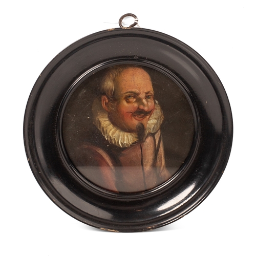 14 - A portrait miniature on wood, possibly Dutch, depicting a moustached gentleman in a ruff collar agai... 