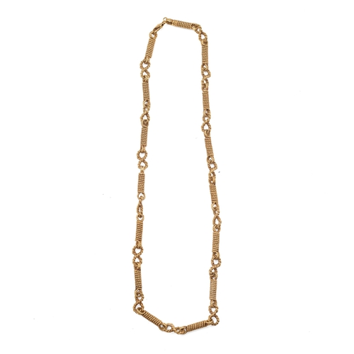An 18ct gold rope twist necklace, made up of fifteen panels of coiled rope, with infinity knot between each, with crab claw clasp, fully hallmarked, makers mark A. D., London 1989, 51cm long, total weight 81.8g.
