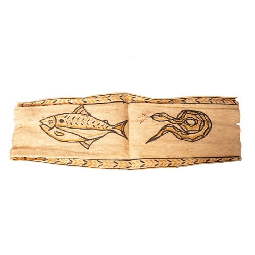 23 - An original Australian Aboriginal painting on bark cloth of a fish and a snake unsigned measuring 87... 