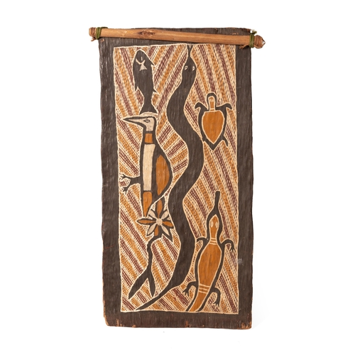 26 - An original Australian Aboriginal Painting using natural ochre paint on eucalyptus bark indistinctly... 