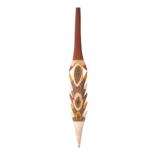28 - An Australian Aboriginal carved wooden spear head painted with natural ochre paint decoration unsign... 