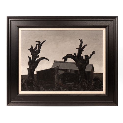 48 - † Jack Simcock (1929-2012); oil on board, 'Sheds & Trees', signed bottom right, dated 1961, inscribe... 