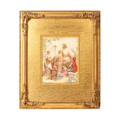 50 - An Edwardian watercolour 'Suffer the little children to come unto me', initialled 'AD' to bottom lef... 