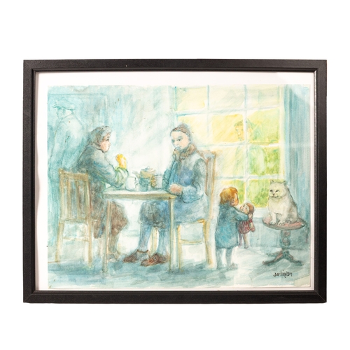 54 - Joan Darlington (British, b. 1932) a watercolour of two ladies enjoying a pot of tea with a child pl... 