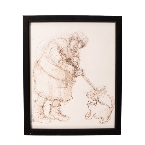 55 - Joan Darlington (British, b. 1932) sketch of a gentleman brushing off a cat, initialled lower left, ... 