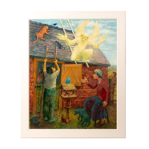 56 - Joan Darlington (British, b. 1932) oil on board - entitled verso 'Gabriel Gives Flying Lessons', sig... 