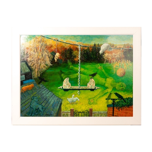 57 - Joan Darlington (British, b. 1932) oil on board - entitled verso 'The Bird Feeder', signed lower lef... 