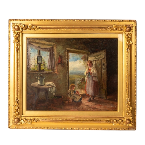 61 - A 19th century oil on board, depicting rural cottage interior scene with mother and child standing b... 