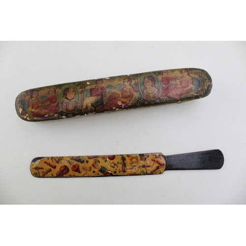 15 - 19th century Persian Qajar papier mache laquer pen box Qalamdan with hand painted portrait figures w... 
