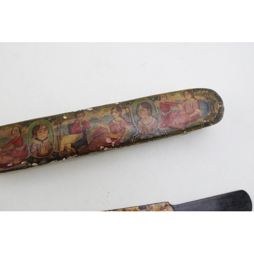 15 - 19th century Persian Qajar papier mache laquer pen box Qalamdan with hand painted portrait figures w... 