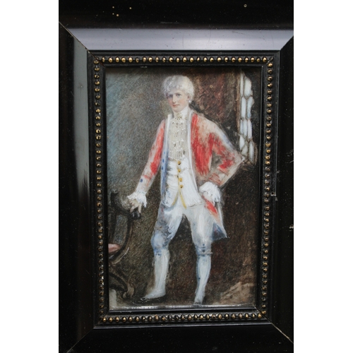 12 - A late 19th century portrait miniature on ivory of Bonnie Prince Charlie, in standing pose with red ... 