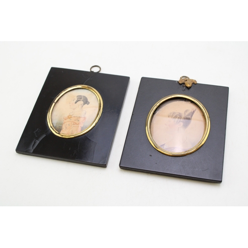 13 - A pair of mid 19th century portrait miniatures on paper of two ladies of fashion, each 8 by 6.5cm, g... 