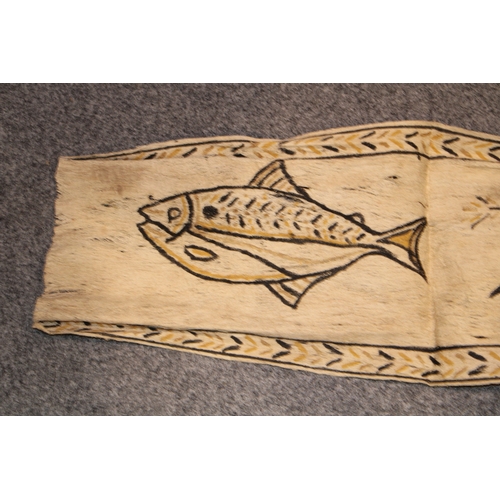 23 - An original Australian Aboriginal painting on bark cloth of a fish and a snake unsigned measuring 87... 