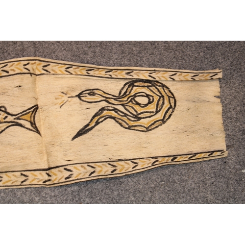 23 - An original Australian Aboriginal painting on bark cloth of a fish and a snake unsigned measuring 87... 