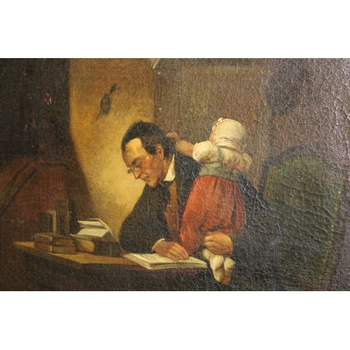 43 - 'The Busy Father', a 19th century oil on canvas, after Theodor Alexander Weber, 67cm x 54cm, excludi... 
