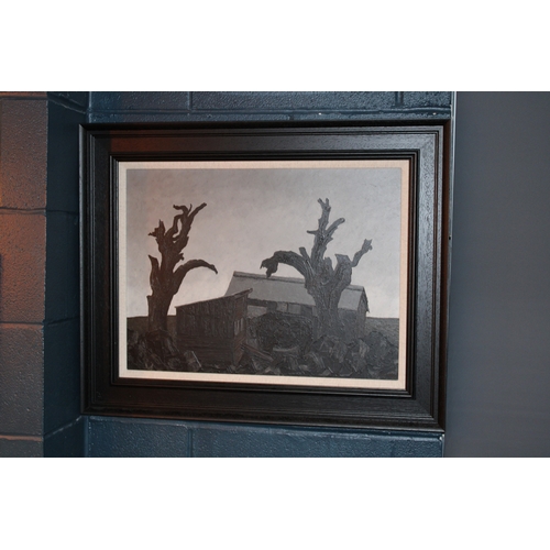 48 - † Jack Simcock (1929-2012); oil on board, 'Sheds & Trees', signed bottom right, dated 1961, inscribe... 