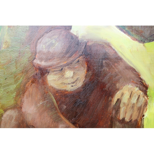 53 - Joan Darlington (British, b. 1932) oil on board of a gentleman sat beneath a tricking, picking flowe... 