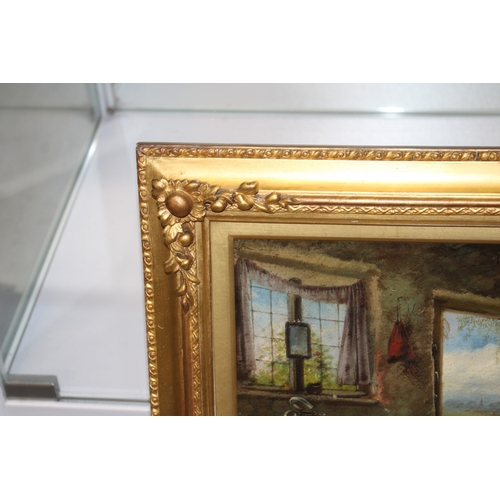 61 - A 19th century oil on board, depicting rural cottage interior scene with mother and child standing b... 