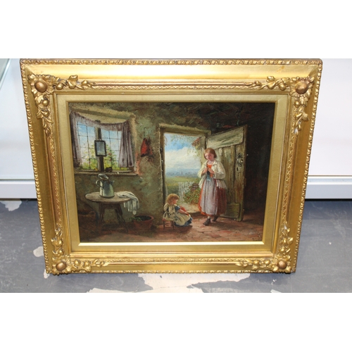 61 - A 19th century oil on board, depicting rural cottage interior scene with mother and child standing b... 