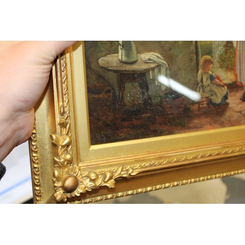 61 - A 19th century oil on board, depicting rural cottage interior scene with mother and child standing b... 