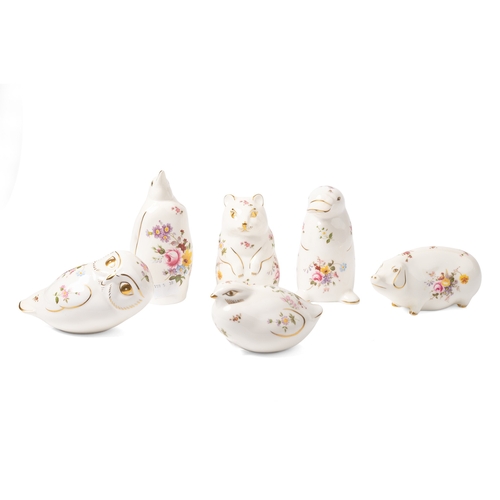 34 - Six Royal Crown Derby paperweights decorated in the Posies Pattern, comprising of a Pig, Penguin, Ha... 