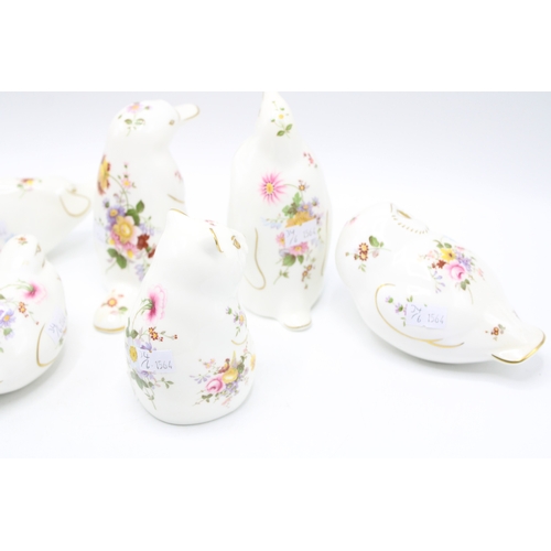 34 - Six Royal Crown Derby paperweights decorated in the Posies Pattern, comprising of a Pig, Penguin, Ha... 