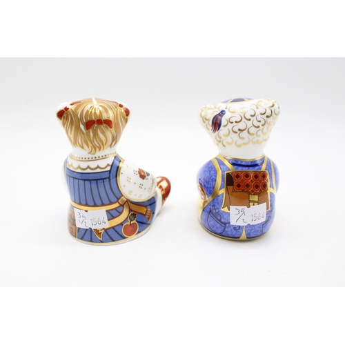 39 - A pair of Royal Crown Derby paperweights, Schoolboy and Schoolgirl Teddy, gold stoppers, red Royal p... 