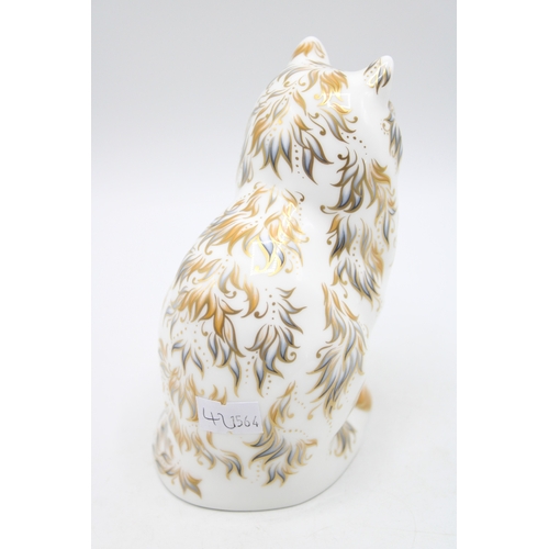 42 - Royal Crown Derby cat paperweight, Fifi, 14cm high, decorated in blue and gilt, gold stopper, red pr... 
