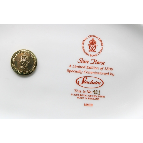 8 - Boxed Royal Crown Derby paperweight 'Shire Horse', first quality with gold stopper, 411/1500, with c... 