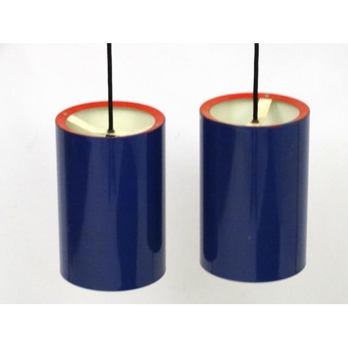 100 - Vintage Retro : a pair of Danish Pendant Sektor lamps / lights  of dark blue and red rimmed livery w... 