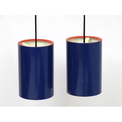 100 - Vintage Retro : a pair of Danish Pendant Sektor lamps / lights  of dark blue and red rimmed livery w... 