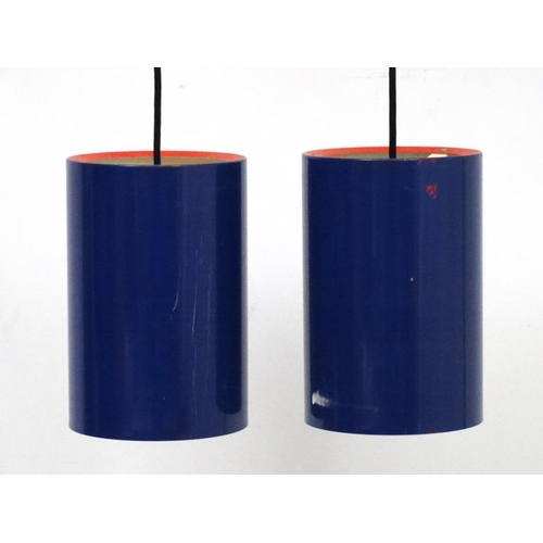 101 - Vintage Retro : a pair of Danish Pendant Sektor lamps / lights  of dark blue and red rimmed livery w... 