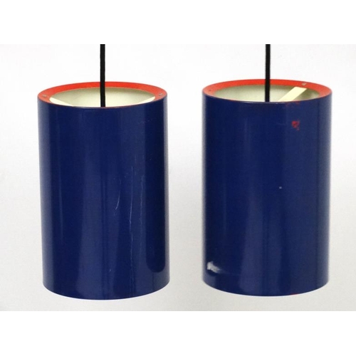 101 - Vintage Retro : a pair of Danish Pendant Sektor lamps / lights  of dark blue and red rimmed livery w... 