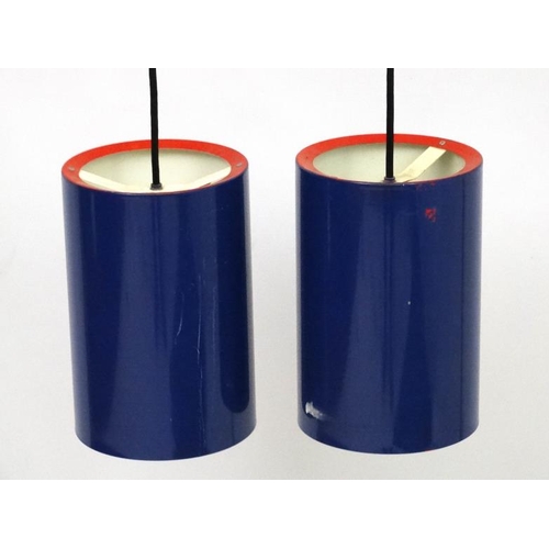 101 - Vintage Retro : a pair of Danish Pendant Sektor lamps / lights  of dark blue and red rimmed livery w... 