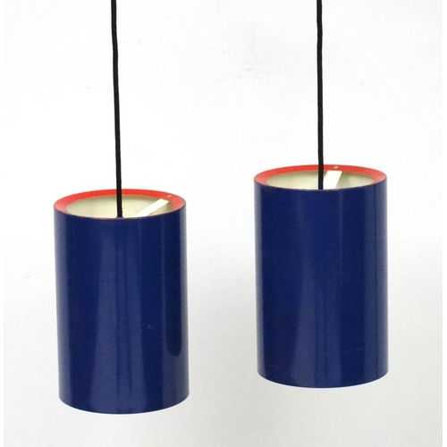 102A - Vintage Retro : a pair of Danish Pendant Sektor lamps / lights  of dark blue and red rimmed livery w... 