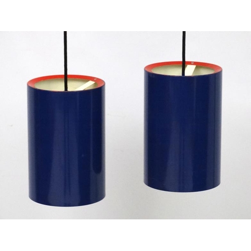 102A - Vintage Retro : a pair of Danish Pendant Sektor lamps / lights  of dark blue and red rimmed livery w... 