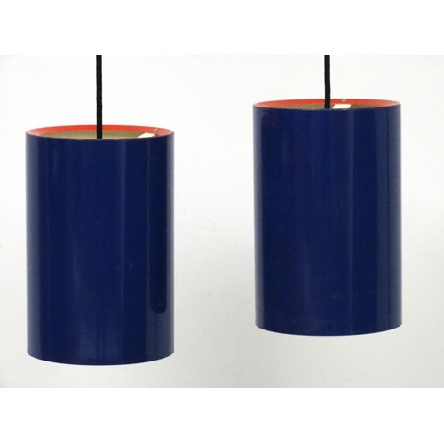 102A - Vintage Retro : a pair of Danish Pendant Sektor lamps / lights  of dark blue and red rimmed livery w... 