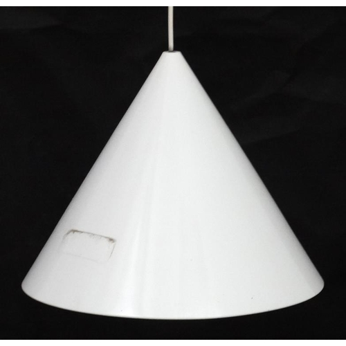 103 - Vintage Retro : a pair of Danish Pendant ' Kegle ' lamps / lights with white livery and made by LYFA... 