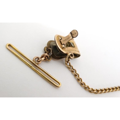 1042 - A gilt metal short watch chain / chatelaine clip marked PAT 6908 JMFCo.