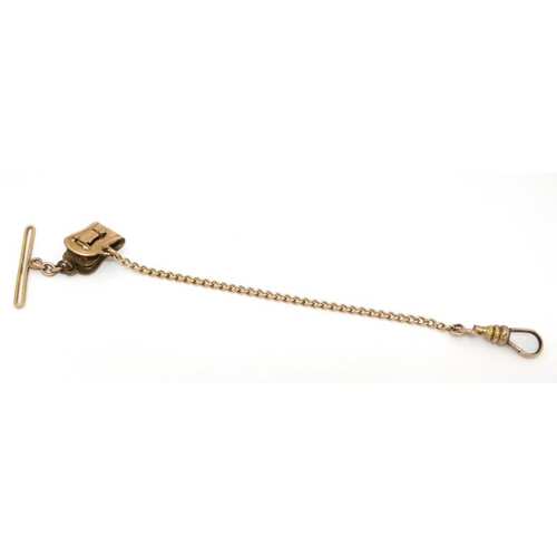 1042 - A gilt metal short watch chain / chatelaine clip marked PAT 6908 JMFCo.