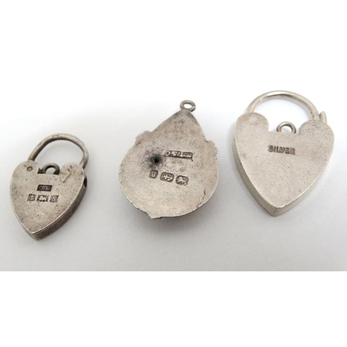 1050 - 2 silver heart formed padlock clasp together with a Victorian silver pendant (3)