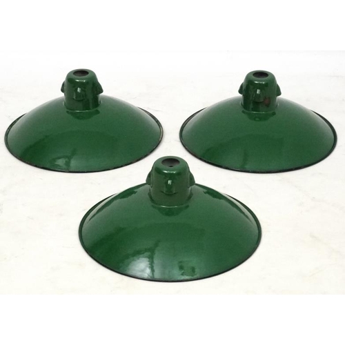 106 - Vintage Industrial :    Three 1911 ( marked Reg No. 577289 ) pendant lights with green enamel exteri... 