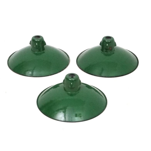 106 - Vintage Industrial :    Three 1911 ( marked Reg No. 577289 ) pendant lights with green enamel exteri... 