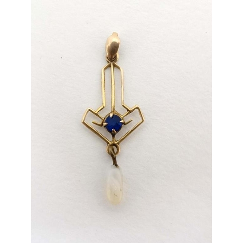 1075 - A 10k gold pedant set with blue stone and white chip drop 1'' long