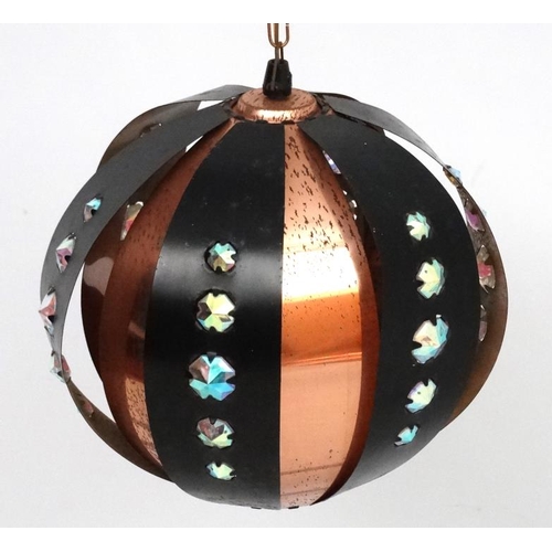 109 - Vintage Retro : a Swedish Pendant Globe lamp / light   of banded black and copper set with írridesce... 