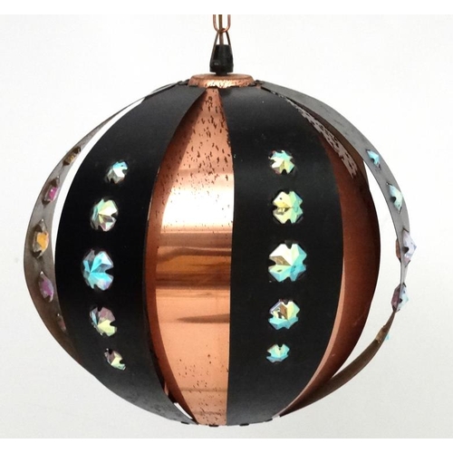 109 - Vintage Retro : a Swedish Pendant Globe lamp / light   of banded black and copper set with írridesce... 