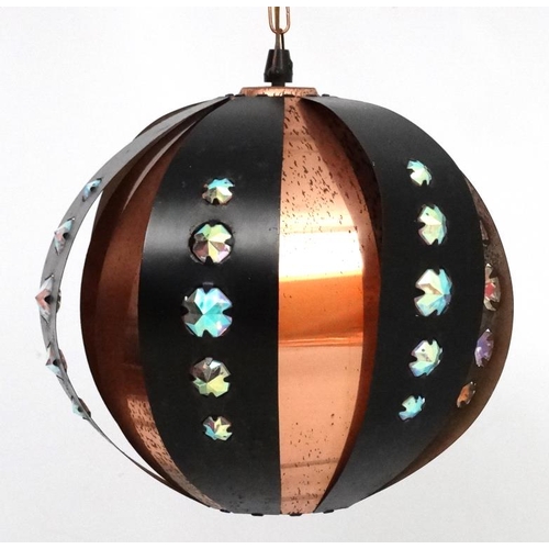 109 - Vintage Retro : a Swedish Pendant Globe lamp / light   of banded black and copper set with írridesce... 