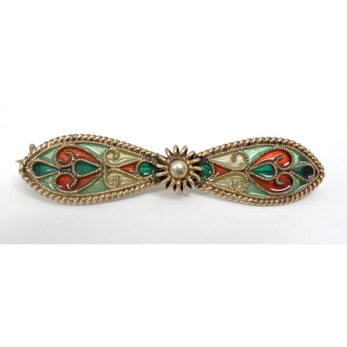 1097 - A .925 silver gilt brooch with enamel decoration maker JGK 2'' wide