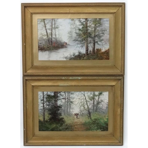 11 - Circa 1900 English School, Oil on card, a pair, Taking faggots through a wood and fishing by a river... 